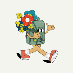Back to school. Funny cartoon character school backpack with a large bouquet of flowers isolated on a white background. Flat vector illustration in cartoon retro style
