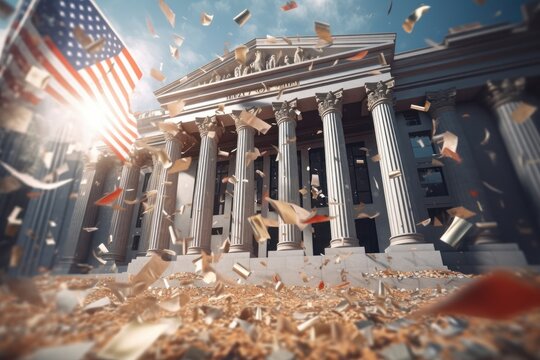 The American bank building collapsing. Bankruptcy of a financial institution. Bricks crumbling, stocks and bonds flying apart, american flag down. Economic crisis. Mockup, 3D rendering.