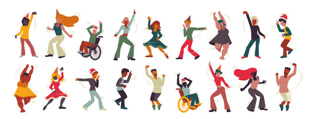 Fototapeta na wymiar Dancing people for New year Eve. Vector illustrations isolated on a white background. Inclusive silhouettes of young and old people dancing and having fun.