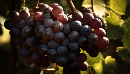 Ripe grape bunches hanging on vineyard branches in autumn sunlight generated by AI