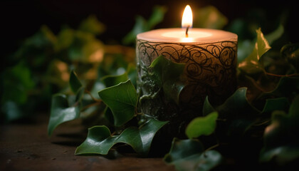 Obraz na płótnie Canvas Glowing candle flame illuminates natural green leaf decoration outdoors generated by AI
