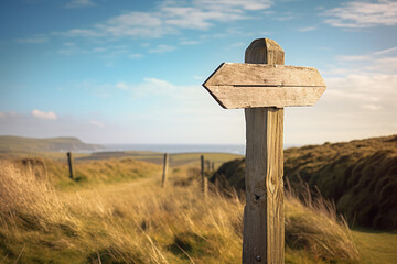 Signpost on the mountain trail. Blue sunny sky in the background.  Generative AI