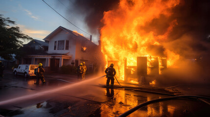 Obraz premium FireFighters Putting Out A House Fire. Generative AI
