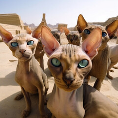 A flock of sphinx cats looking at the camera ai generation High quality photo