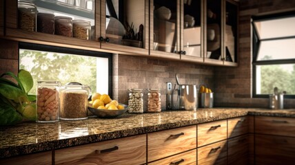 Fototapeta na wymiar Fragment of a modern kitchen in a luxury home. Quartz countertop, wood cabinets with drawers, glazed shelves, table decor, plants in pots, beautiful garden view from the windows. 3D rendering.