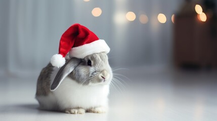 Fototapeta premium Furry Festivity: Rabbit in a Santa Hat Joins in the Seasonal Merriment
