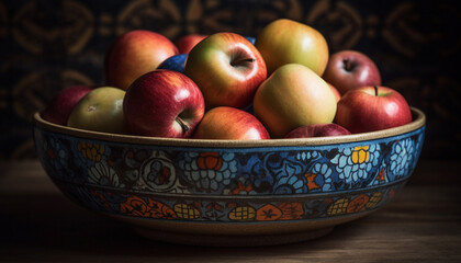 Ripe organic apples in a wooden bowl, a healthy snack generated by AI