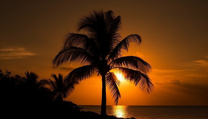 Fototapeta na wymiar Silhouette of palm tree against orange and yellow sunset sky generated by AI