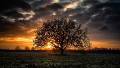 Fototapeta na wymiar Silhouette of tree against bright sunset sky over tranquil meadow generated by AI