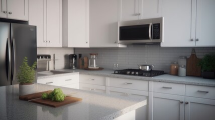 Modern white Scandinavian style kitchen in a city apartment or country house. White facades, imitation brick wall made of white tiles, modern stainless steel kitchen appliances. Comfortable workspace.