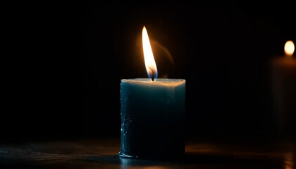 Glowing candle igniting flame symbolizes spirituality and tranquility in darkness generated by AI