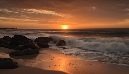 Tranquil sunset over tropical coastline, waves crash on sandy shore generated by AI