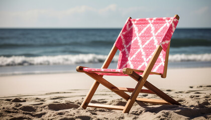 Sun kissed deck chair on tranquil coastline, perfect for relaxation generated by AI