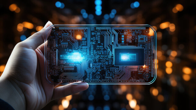 Businessman hand holding futuristic circuit board. Technology and innovation concept. Generative AI.