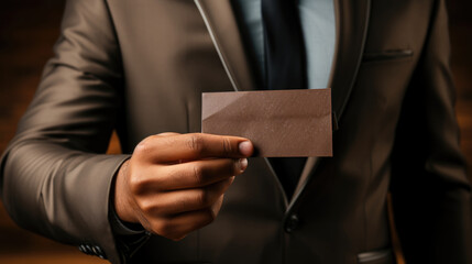 Close-up of businessman holding blank business card with copy space. Generative AI.