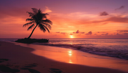 Fototapeta na wymiar Tropical sunset over tranquil waters, palm trees silhouette against orange sky generated by AI