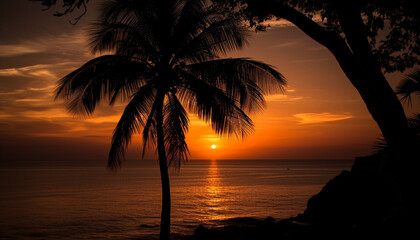 Fototapeta na wymiar Tranquil sunset silhouette, palm tree beauty in nature reflection generated by AI
