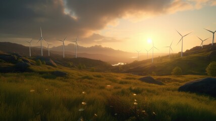 Wind turbines on the green hills against the colorful sunset sky. Production of renewable green energy. Sustainable development concept. Mockup, 3D rendering.