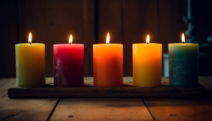 Fototapeta na wymiar Glowing candle illuminates dark table, symbol of spirituality and relaxation generated by AI