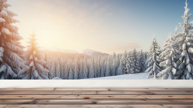 Winterweihnachtslandschaft mit Kopierraum. Mit Schnee übersäter Holzboden im Wald mit Tannenbäumen, die mit Schnee bedeckt sind, Natur. Perfekt für Texte, Nachrichten oder Produkte. Generative AI.    