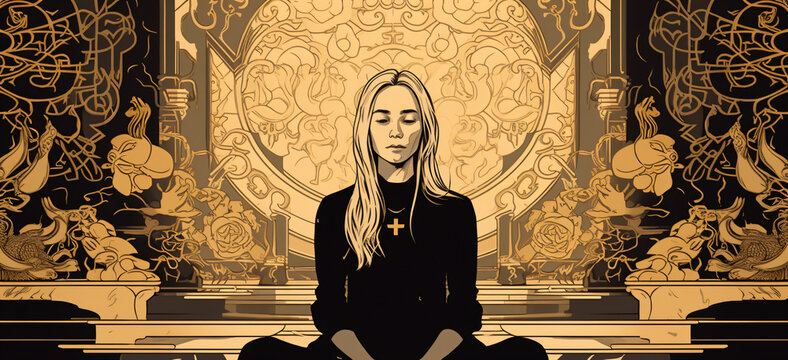 A woman praying wearing a Christian cross necklace background Generative Ai