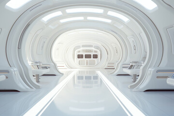 The bright white interior of a spaceship. you can see the ground through the window. Generative AI