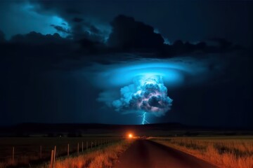 View of a stormy night sky over a road running through a field. Severe thunderstorm, cumulonimbus clouds and lightning. Colorful dramatic landscape. Dark blue sky with amazing clouds over the horizon.
