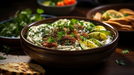 Traditional Turkish Meze in a bowl, close-up. Created with generative AI.