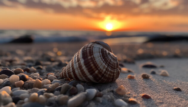 Tranquil seashell on sandy beach, surrounded by stunning nature generated by AI