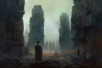 A man standing in the middle of a ruined city Generative Ai