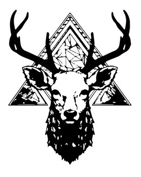 black and white deer on the background of a boho style triangle motif, a symbol of indigenous indians from north america, generative AI