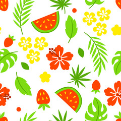 Pattern with summer plants. Beautiful tropical natural flowers, fruits and leaves.