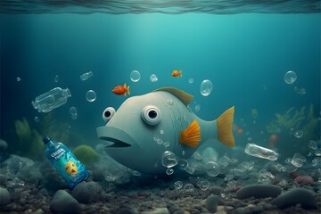 Fototapeta na wymiar trash and old empty plastic bottles in the ocean sinking on the ground a shocked cute fish 