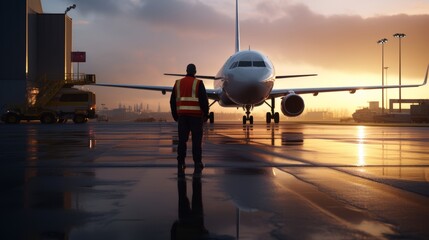 Airport ground crew worker checking airplane on tarmac - obrazy, fototapety, plakaty