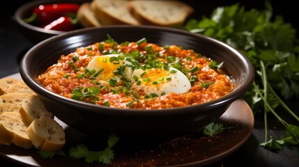 Traditional Turkish Menemen in a bowl, close-up. Created with generative AI.