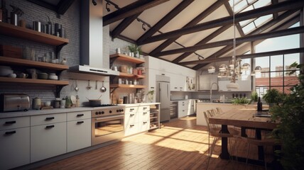 Fototapeta na wymiar Spacious loft style kitchen with dining area. White facades, open shelves, large wooden table, modern kitchen appliances, wooden floor, wooden ceiling with beams, green plants, panoramic windows.