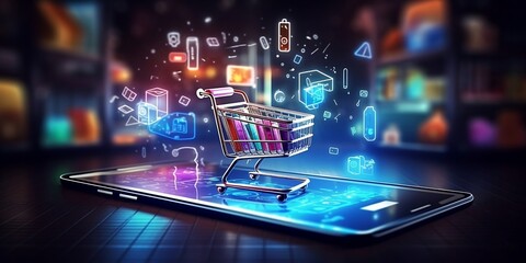 Futuristic online shopping technology digital payment from mobile phone. Generated by AI.