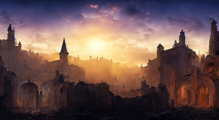 ruined city with a beautiful sunset