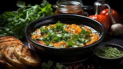 Traditional Turkish Menemen in a bowl, close-up. Created with generative AI.
