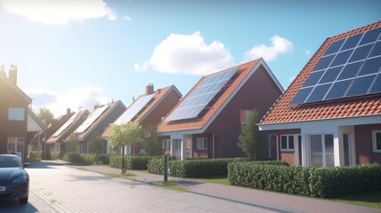 Naklejka premium Solar panels are installed on the tiled roofs of a row of modern houses in a suburb with green streets under a blue sky. Sustainable energy, alternative power generation. 3D rendering.