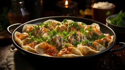 Traditional Turkish Manti in a bowl, close-up. Created with generative AI.