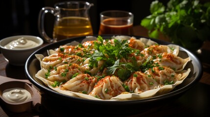 Traditional Turkish Manti in a bowl, close-up. Created with generative AI.