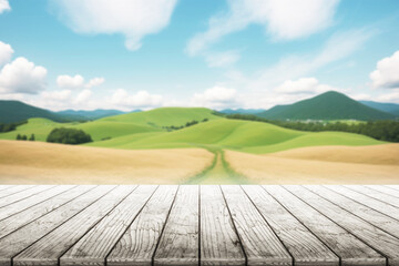 Empty wooden table with hills in public park, grass covered hills background blurred.