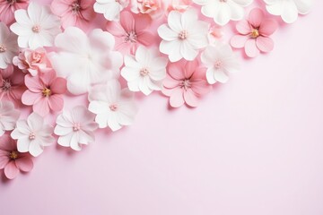 Fototapeta na wymiar A delightful flat lay arrangement of pink and white flowers on a pastel pink background, creating a charming backdrop for honoring Mother's Day and Women's Day with grace and beauty. Generative AI