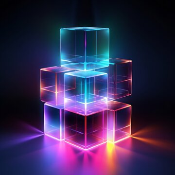 Abstract neon cubes: A modern digital 3D composition with a vibrant and futuristic neon cube background, offering ample copy space for creative design purposes. Generative AI