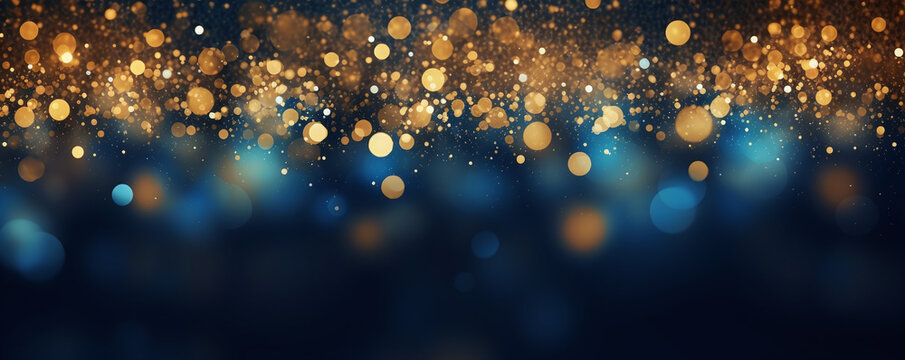 christmas background with blurred lights, in the style of dark azure and gold. Generative AI