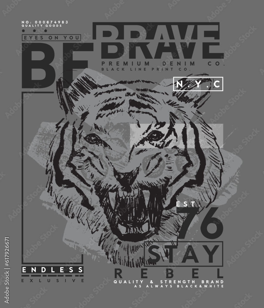 Poster print design with wild tiger face sketch as vector