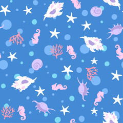 タツノオトシゴと貝殻のシームレスなパターン-2way-手描き