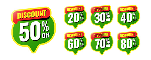 Discount buy now label pop-up banner green stickers with different sale percentage. 20, 30, 40, 50, 60, 70, 80 percent off price reduction badge promotion design emblem set vector illustration.