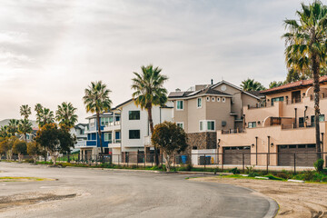 Condos and townhomes, and parking lot in a small beach town somewhere in California